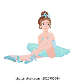 Beautiful little ballerina girl in a blue dress with a tutu and pointe shoes. Ballet school. Dance training. Vector illustration isolated on white background.