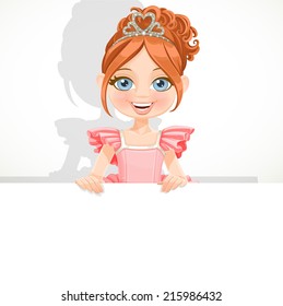 Beautiful little ballerina girl in tiara hold big banner
