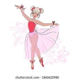 Beautiful little ballerina and lily flowers on a white background. Vector cartoon illustration
