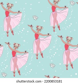 Beautiful little ballerina and lily flowers on a blue background seamless pattern. Vector cartoon illustration for t-shirt print, wrapper paper