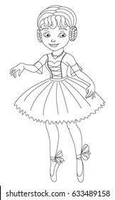 Beautiful little ballerina. Pretty cartoon princess. Hand drawn vector illustration for coloring book