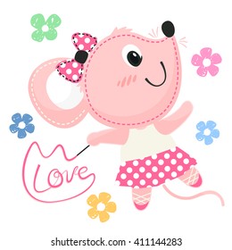 Beautiful little ballerina rat dancing with ribbon wand illustration vector.