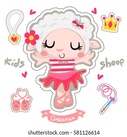 Beautiful little ballerina sheep girl dancing with set of ballerina accessories isolated on white background illustration vector.
