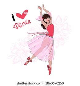 Beautiful little ballerina and spring flowers on a white background. Vector cartoon illustration