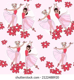 Beautiful little ballerinas and chamomile flowers on a pink background seamless pattern. Vector cartoon illustration for t-shirt print, wrapping paper