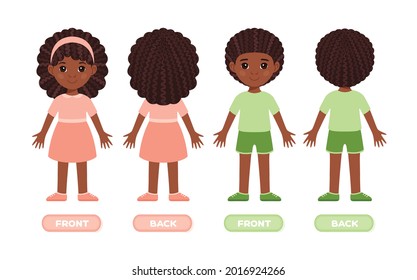 Beautiful Little Black Girl and Cute Boy with Afro Curly Hairstyle. Front Back view. Children from Kindergarten, in Clothes, Shoes. Flat Cartoon style. White background. Vector stock illustration.