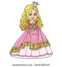 Linda princesa loira em vestido de bola padrão decorado com pássaros isolados no fundo branco