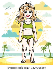 Beautiful little blonde girl cute child standing on tropical beach with palms. Vector human illustration wearing colorful bathing suit.