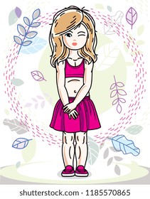 Beautiful little blonde girl posing on natural autumn backdrop with leaves. Vector kid illustration.