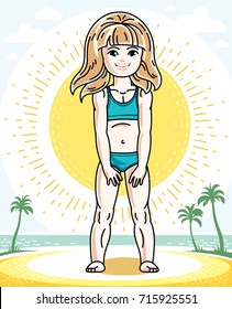 Beautiful little blonde girl posing on tropical beach with palms. Vector kid illustration. Summer holidays theme.