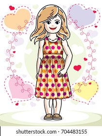 Beautiful little blonde girl wearing casual clothes and standing on colorful backdrop with loving hearts. Vector human illustration.