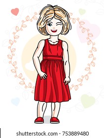 Beautiful little blonde girl wearing casual clothes and standing on colorful backdrop with loving hearts. Vector human illustration.