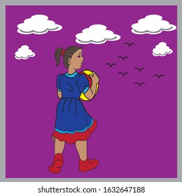 Beautiful little blue and Red Dress Girl with Clouds and Black Birds.