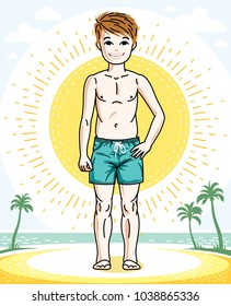 Beautiful little boy cute child standing in colorful stylish beach shorts. Vector kid illustration. Childhood lifestyle clip art.