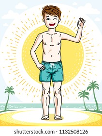 Beautiful little boy cute child standing in colorful stylish beach shorts. Vector attractive kid illustration. Fashion and lifestyle theme cartoon.