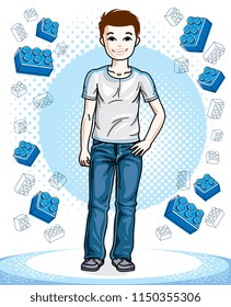 Beautiful little boy cute child standing wearing fashionable casual clothes. Vector kid illustration. Fashion and lifestyle theme cartoon.
