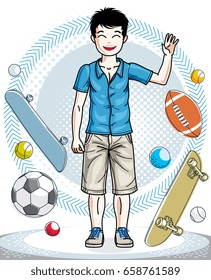 Beautiful little boy cute child standing in stylish casual clothes. Vector human illustration. Childhood lifestyle clip art.