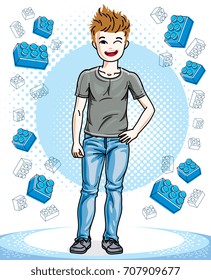Beautiful little boy cute child standing in stylish casual clothes. Vector human illustration. Childhood lifestyle cartoon.