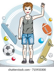 Beautiful little boy cute child standing in stylish casual clothes. Vector beautiful human illustration. Fashion theme clipart.
