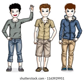 Beautiful little boys cute children standing wearing different casual clothes. Vector kids illustrations set. Childhood and family lifestyle cartoons.