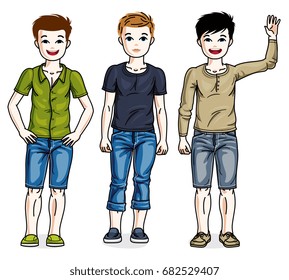 Beautiful little boys cute children standing in stylish casual clothes. Vector kids illustrations set.