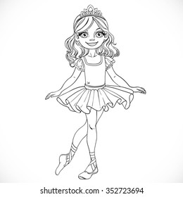 Beautiful little brunette ballerina girl in tiara stand on a white background outlined