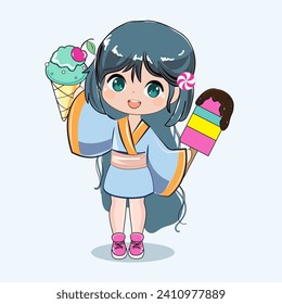 Beautiful little cartoon girl with ice cream. Anime style, dark hair and big eyes. Summer concept. Modern trend for kids, t-shirt design print. Little chibi girl