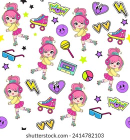 Beautiful little cartoon girl on roller skates and different pop elements seamless pattern. Anime style, pink hair and big eyes. Summer concept. Modern trend for kids, t-shirt design print