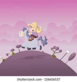 Beautiful little cartoon girl riding on a pony 