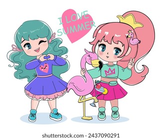 Beautiful little cartoon girls with summer flamingo. Anime style, pink and blue hair and big eyes. Summer concept. Modern trend for kids, t-shirt design print. Little chibi girl