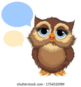 Beautiful little cartoon owl. Cartoon vector illustration isolated on white background. Owl with cloud messaging .Cartoon vector illustration.