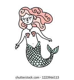 Beautiful little cute mermaid with pink hair, vector illustration. Poster and banner element, children's storybook illustration, postcard, gift card, print for t-shirt and more, sticker, label and