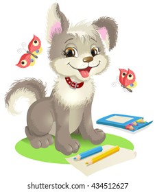 Beautiful little dog and butterflies. Animals cartoon. Cute Dog illustration. Animals vector
