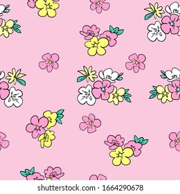 Beautiful little drawn flowers on a pink background seamless. Design print textile, fabric. Vector Pattern. 