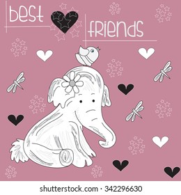 beautiful little elephant his head with a bird with hearts and dragonflies vector illustration