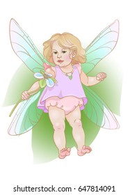 A beautiful little fairy, with a flower in her hand. Gentle child. Cute character in the pastel range for postcards, design, advertising, children's books