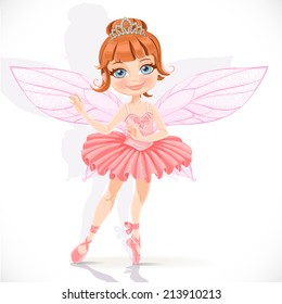 Beautiful little fairy girl in pink dress and tiara isolated on a white background