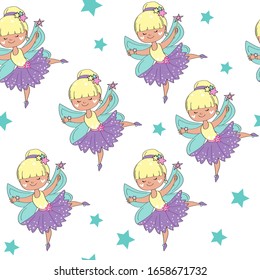 Beautiful little fairy girl and stars on a white background seamless pattern