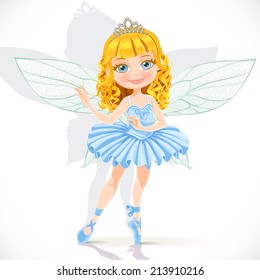 Beautiful little fairy girl in tiara and blue dress isolated on a white background