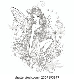 Beautiful little fairy pattern with flowers, leaves. Line art magic vector background. Black and white coloring book backdrop. little young beautiful girl lady woman with wings. Fantasy. Element.