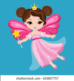 Beautiful little fairy in a pink dress with a magic wand.