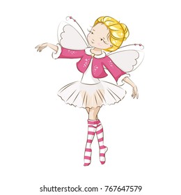 Beautiful little fairy. She's blonde. Princess dancing in a ballerina costume. She is wearing socks with a Christmas pattern  and a red cloak trimmed with fur. Vector isolated on white background.