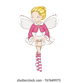 Beautiful little fairy. She's blonde. Princess dancing in a ballerina costume. She is wearing socks with a Christmas pattern  and a red cloak trimmed with fur. Vector isolated on white background.