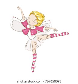 Beautiful little fairy. She's blonde. Princess dancing in a ballerina costume. She is wearing socks with a Christmas pattern  and a red cloak trimmed with fur. Vector isolated on white background.