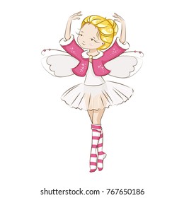 Beautiful little fairy. She's blonde. Princess dancing in a ballerina costume. She is wearing socks with a Christmas pattern  and a red cloak trimmed with fur. Vector isolated on white background.
