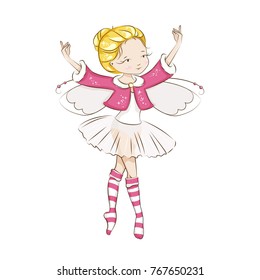 Beautiful little fairy. She's blonde. Princess dancing in a ballerina costume. She is wearing socks with a Christmas pattern  and a red cloak trimmed with fur. Vector isolated on white background.