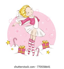 Beautiful little fairy. She's blonde. Princess dancing in a ballerina costume. She is wearing socks with a Christmas pattern  and a red cloak trimmed with fur. Vector isolated on white background.