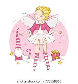 Beautiful little fairy. She's blonde. Princess dancing in a ballerina costume. She is wearing socks with a Christmas pattern  and a red cloak trimmed with fur. Vector isolated on white background.