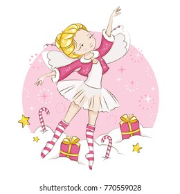 Beautiful little fairy. She's blonde. Princess dancing in a ballerina costume. She is wearing socks with a Christmas pattern  and a red cloak trimmed with fur. Vector isolated on white background.