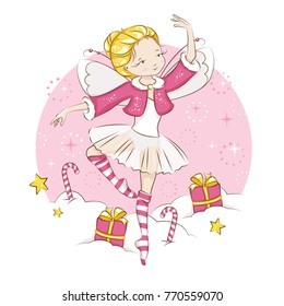 Beautiful little fairy. She's blonde. Princess dancing in a ballerina costume. She is wearing socks with a Christmas pattern  and a red cloak trimmed with fur. Vector isolated on white background.
